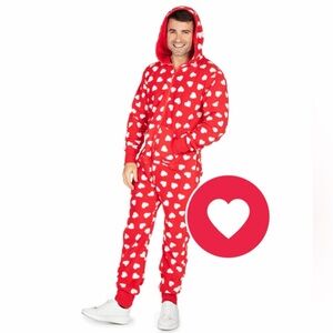 TIPSYELVES UNISEX SOFT & WARM FLEECE BEATING HEARTS HOODED JUMPSUIT   XS     NWT